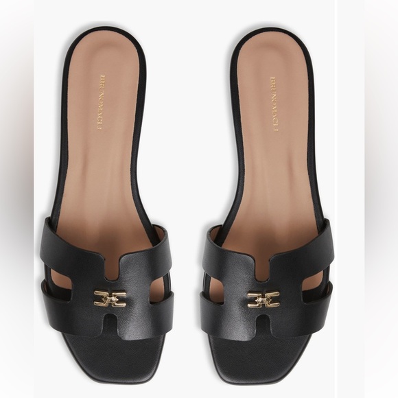 NEW Bruno Magli Fina Black Slides Sandals with Gold Emblem,Specials : American Fashion Style Bags On Sale